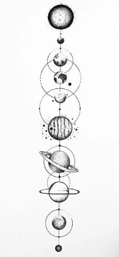 a drawing of the solar system in black and white