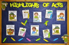 a bulletin board with pictures of people and words on it that say, highlights of acts