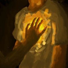 a painting of a person holding their hands up in the air with yellow light coming from them