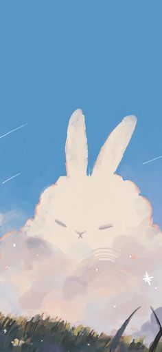 a painting of a rabbit in the sky with clouds and stars around it's head