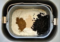 the ingredients are being mixed together in a bowl to make breadcrumbs and raisins