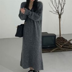 Sku CY-!124172 Material Polyester Fiber Style Simple Feature Knit Neckline V-neck Occasion Casual, Vintage Seasons Autumn, Winter Type Maxi Dress Color Gray Size One Size Size Chart: Please consult the size chart we provide for this item's measurements to help you decide which size to buy. Please note: There may be 1-3cm differ due to manual measurement. CM Bust Shoulder Sleeve Waist Hip Thigh Length One size 116 51 47 / / / 115 S / / / / / / / M / / / / / / / L / / / / / / / XL / / / / / / / Casual Gray V-neck Sweater Dress, Casual V-neck Sweater Dress For Spring, Knitted V-neck Sweater Dress For Spring, V-neck Knitted Sweater Dress, Casual Long Knitted Sweater Dress, Casual V-neck Sweater Dress, Dress Hairstyles, Korean Dress, Long Sleeve Sweater Dress