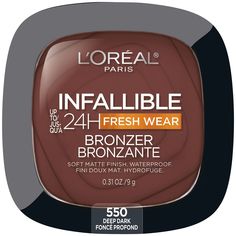 L'Oreal Paris Infallible Soft Matte Bronzer, Deep Dark, 0.31 oz Lp Generic Merchandise Features Matte Powder Bronzer: The TikTok viral longwear powder, now in a bronzer; This lightweight, transfer proof powder bronzer gives buildable coverage in a soft matte finish that feels breathable and weightless for up to 24 hours Natural, Sun Kissed Skin: Whether you want to contour or simply add healthy-looking warmth, this formula is transfer proof, waterproof, heatproof, humidity proof, sweatproof, and non-comedogenic with no oily feel The Infallible Collection: Get long-lasting color, expert definition, and coverage that stays put with this collection of longwear cosmetics including full-coverage foundation and concealer, matte liquid lipstick, waterproof eyeliner and more Because You're Worth I Loreal Infallible, Loreal Paris Infallible, Too Faced Bronzer, Matte Bronzer, Different Skin Tones, Matte Powder, Tiktok Viral, Blush Highlighter, Deep Skin