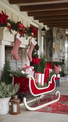 a red and white sleigh with christmas decorations