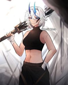 an anime character with white hair and blue eyes holding a baseball bat in her hand