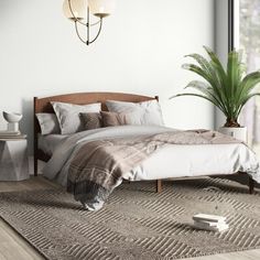 a bedroom with a bed, nightstands and potted plant on the floor next to it