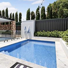 an empty swimming pool surrounded by greenery and fenced in area with outdoor furniture