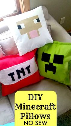 some pillows that have been made to look like minecraft pillow covers with the words diy minecraft pillows no sew