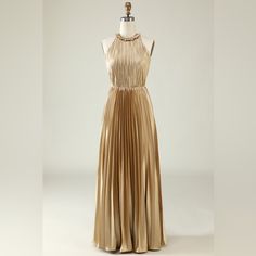 Brand New, Size 14, Custom Ordered But Decided To Go With A Different Style So Never Been Worn. Halter/High-Neck, Open Back. Pleated And Floor Length. Very Pretty, Silky Material. Floor Length Dress, Wedding Vibes, Floor Length Dresses, Metallic Gold, Different Styles, Floor Length, Open Back, Colorful Dresses, High Neck