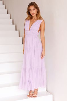 Length from shoulder to hem of size S: 132cm. Chest: 32cm, Waist: 31cm, across front only of size S. Maxi dress. Lined. Model is a standard XS and is wearing size XS. True to size. Non-stretch. Pleated. V-neck/back. Tie detail. Flowy skirt. Elastic waist. Slip on.  Cold hand wash only. Polyester. It's time to style a f Coral Mini Dress, Dress Lilac, Fab Dress, Long Bodycon Dress, Shower Dresses, Lilac Dress, Long Sleeve Lace Dress, Dresses Backless, Mini Dresses Summer