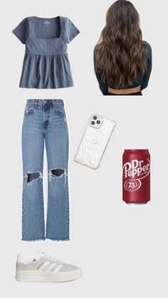 a woman's outfit and accessories including an iphone, soda can, cell phone case