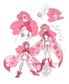 some drawings of pink haired girls with long hair and hearts on their body, one is wearing