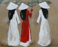 three women in white and red dresses are standing together, one is holding an apple