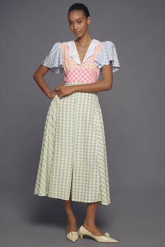 CeliaB Tabi Short-Sleeve V-Neck Midi Dress Scallop Collar, Gingham Midi Dress, Scalloped Collar, Color Block Design, Gingham Pattern, V Neck Midi Dress, Block Design, Flutter Sleeves, Flutter Sleeve