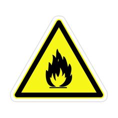 a yellow and black hazard sign with a flame on it's bottom triangle shaped sticker