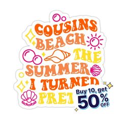 sticker with the words, i get 50 % off and an image of a beach ball