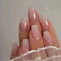 Fake Mid Length Nails. Comes With Stickers But I Will Also Throw In A Glue If You Prefer To Use Glue Or Both. Mid Length Hombre Pink With Glitter Bridesmaids Nails, Ballet Nails, Mega Hair, Bride Nails, Uñas Acrilicas, Neutral Nails, Bridal Nails, Stick On Nails, Bling Nails