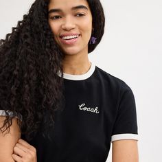 A wardrobe staple this classic-fit cotton T-shirt features our embroidered cursive Coach script. The crewneck is finished with contrast trim. | Coach Ringer T-Shirt - Women's Size Small - Black Contrast Trim, Large Black, Cotton T Shirt, Wardrobe Staples, Saddle, Cotton Tshirt, Womens Shirts, Womens Sizes, Crew Neck