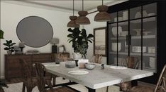 a dining room table with chairs and plates on it in front of a large mirror