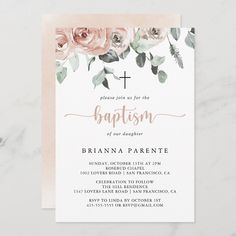 This classic dusty pink rose floral calligraphy baptism invitation is perfect for a rustic baby baptism or christening. The design features elegant watercolor dusty pink roses and green foliage, neatly assembled into beautiful bouquets. Boho Baptism, Dusty Pink Roses, Floral Calligraphy, Baptism Themes, Baptism Ideas, Pale Pink Roses, Beautiful Bouquets, Baby Baptism