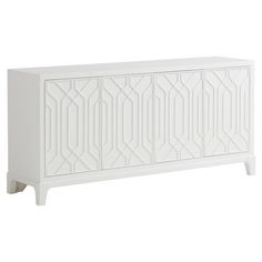 a white cabinet with geometric design on the front and sides, against a white background