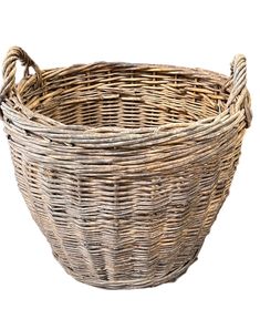 an empty wicker basket with handles on a white background