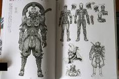 an open book with some drawings on the page and pictures of people in armor around it