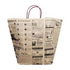 a newspaper bag with red handles is shown on a white background and has many different types of newspapers printed on it