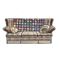 a drawing of a couch with pillows on it