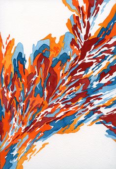 an abstract painting of red, blue and orange leaves on white paper with watercolors