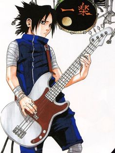 an anime character holding a guitar in his right hand and playing the drums behind him