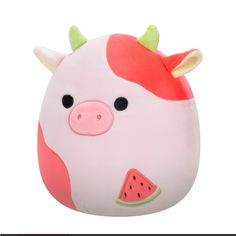 a stuffed animal pig with horns and watermelon on it's face is shown