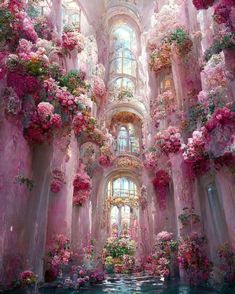 the inside of a building with flowers growing on it's walls and water below