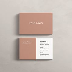 two business cards mock up on top of each other, one with a white and pink logo