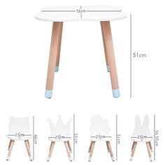 the measurements for a small table and chair set up in three different sizes, including one with