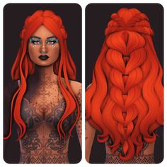 two different views of a woman's red hair with tattoos on her chest and shoulder