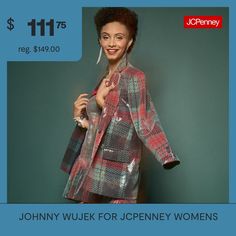 From the Johnny Wujek for JCPenney limited-time collection, the plaid pattern of this junior's suit jacket seamlessly fuses holiday elegance with statement glamour. Embellished with sparkling sequins, this oversized blazer is made from woven stretch fabric with snap-button single-breasted front, notch lapels, and side flap pockets. It pairs perfectly with corset-style tank and plaid mini skirt or style it over a mini dress from the exclusive assortment.Front Style: Single BreastedFeatures: Sequ… Suit Jackets For Women, Plaid Mini Skirt, Oversized Blazer, Line Dress, Corset Style, Green Jacket, Plaid Pattern, Snap Button, Suit Jackets