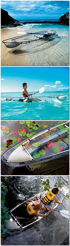 three different views of boats in the water