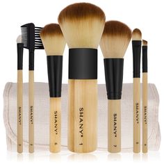 Pro Bamboo Brush set : Premium synthetic hair Laser cut superfine microfiber Bamboo handles, Vegan, synthetic, Semi Soft bristles Rinse with makeup brush cleanser before the first use Designed in USA with team of artists Designed in the U.S.A by makeup professionals. SHANY products are cruelty free. Made from all vegan materials, these high-quality brushes allow anyone to be effortlessly eco-conscious without sacrificing a flawless face. This special brush set was designed for the special girls with sensitive skin. This unique brush set is made with bamboo microfibers that will not cause any future breakouts and includes the essential brushes.1-Buffer brush, 2-Eyelash/Eyebrow spoolie brush, 3-Spong Shadow Brush, 4-Angled Liner Brush, 5-Medium Concealer Brush, 6-Blush Brush, 7-Powder Brush. Bamboo Makeup Brushes, Bamboo Makeup, Essential Makeup Brushes, Bamboo Brush, Bronzer Brush, Brush Cleanser, Cotton Pouch, How To Clean Makeup Brushes, Professional Makeup Brushes