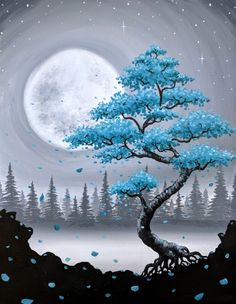 a painting of a blue tree in front of a full moon with trees and rocks