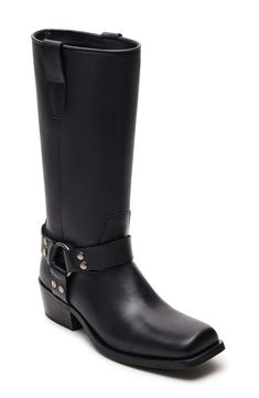 Harness hardware brings plenty of classic moto style to a smooth leather boot complete with a squared-off toe. 2" heel 11" shaft; 13" calf circumference. Narrow calf Pull-on style Leather upper/synthetic and textile lining/synthetic sole Imported Moto Style, Leather Boot, Fabric Gift Bags, Nordstrom Store, Black Fits, Smooth Leather, Gift Bag, Leather Boots, Steve Madden