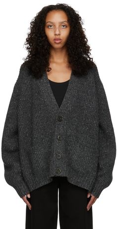 Long sleeve rib knit merino wool-blend cardigan in grey. · Button closure · Patch pockets at waist · Tonal hardware Supplier color: Dark grey melange Edgy Cardigan Outfits, Dark Grey Cardigan Outfit, Gray Cardigan Outfit, Grey Outfit Ideas, Oversized Cardigan Outfit, Outfits With Grey Cardigan, Season Analysis, Cardigan Outfit Aesthetic, Baggy Cardigan