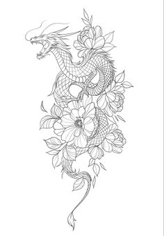 a black and white drawing of a dragon with flowers on it's back side