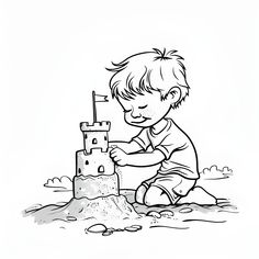 Cute boy building sandcastle at beach (free printable PDF black-and-white line drawing idea suitable for all, from beginners to advanced learners, including children, teens, adults, and seniors) Teddy Bear Hug, Cuddly Teddy Bear