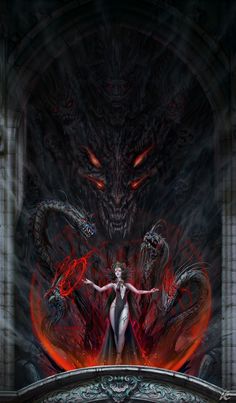 a woman standing in front of a giant demon