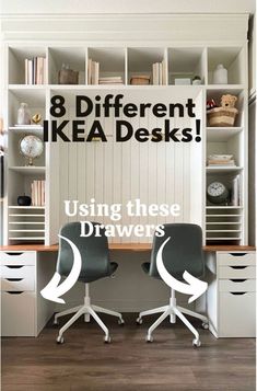 two chairs sitting in front of a desk with bookshelves on it and the text 8 different ikea desks using these drawers