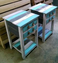 two side tables made out of pallet wood and painted in different shades of blue