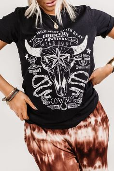 Black Wild Soul Western Bull Skull Graphic Tee Summer Skull Print Crew Neck Top, Skull Print Crew Neck Top For Summer, Fall Festival Graphic Print T-shirt, Festival Graphic Tee With Graphic Print, Skull Print Crew Neck Top For Festival, Casual Skull Print T-shirt For Festivals, Crew Neck Skull Print Top For Festivals, Fall Festival Tops With Graphic Print, Festival Graphic Print Tops For Fall