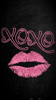 the word xoxo written in pink on a black background with lipstick imprints