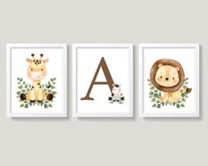 three children's animal wall art prints with the letter a, lion and giraffe